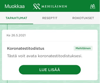 Koronatodistus OmaMehiläinen-mobiilisovelluksessa