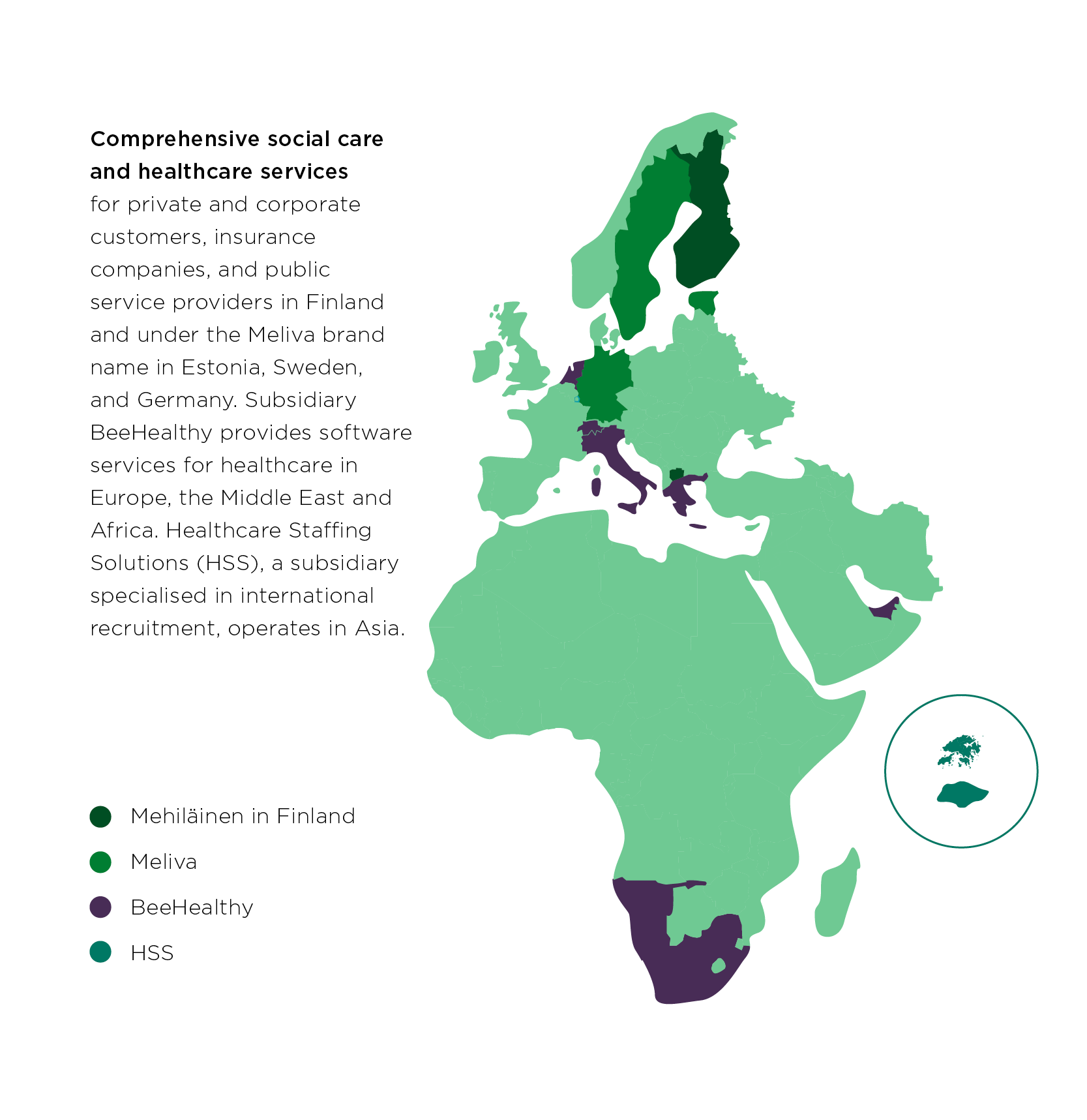 Mehiläinen's service map - we serve in Finland and internationally